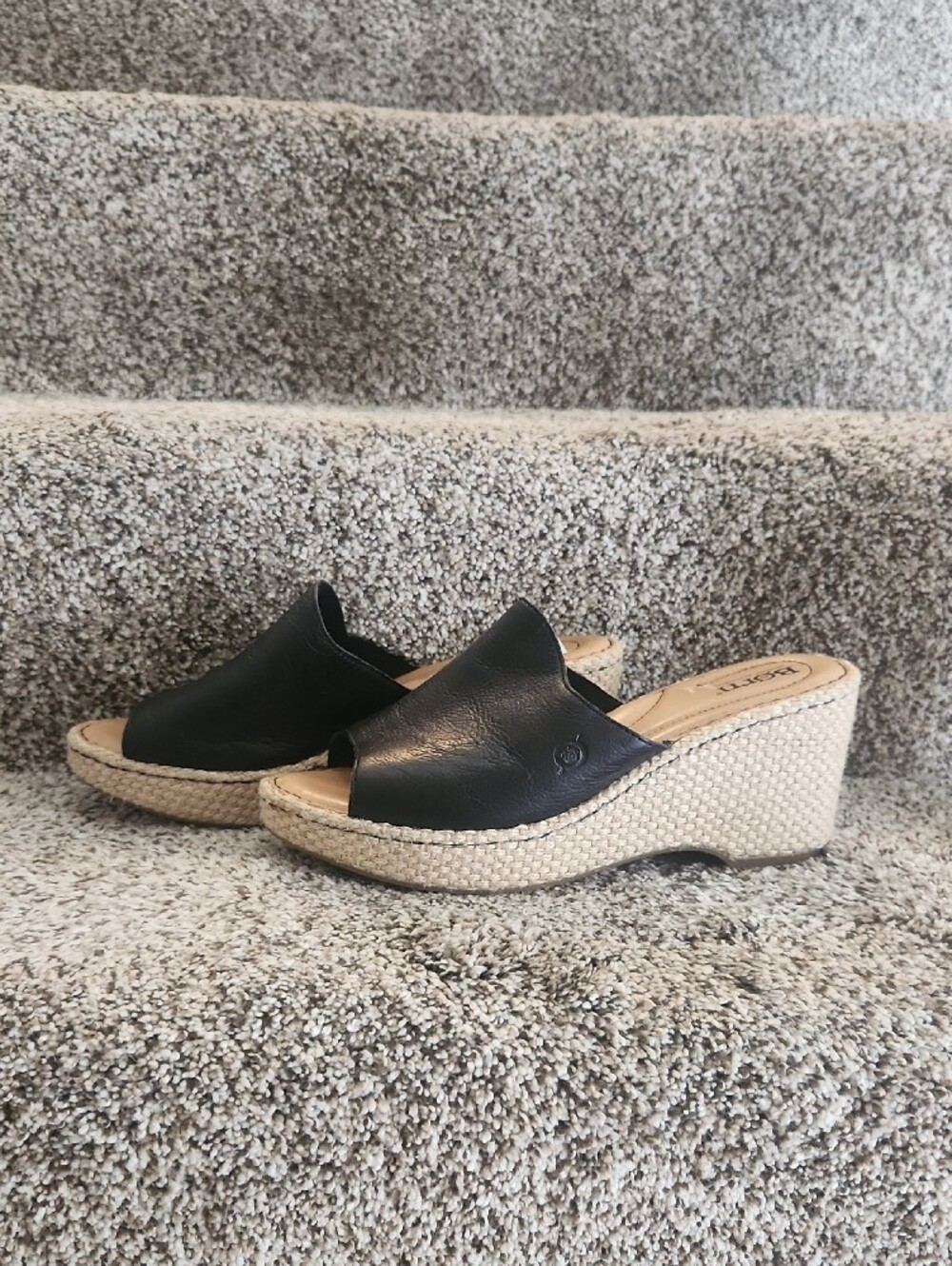 Born Black Leather Wedge Slide with Jute Espadrille Heel - EUC - Picture 3 of 8